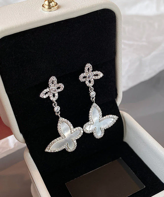 French Silver Zircon White Shell Butterfly Earrings - Image 4
