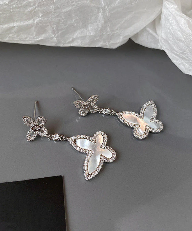 French Silver Zircon White Shell Butterfly Earrings - Image 5