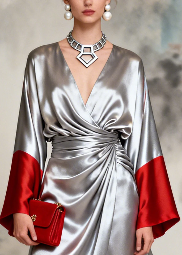 French Silvery Exra Large Hem Side Open Patchwork Silk Dresses Long Sleeve - Image 2