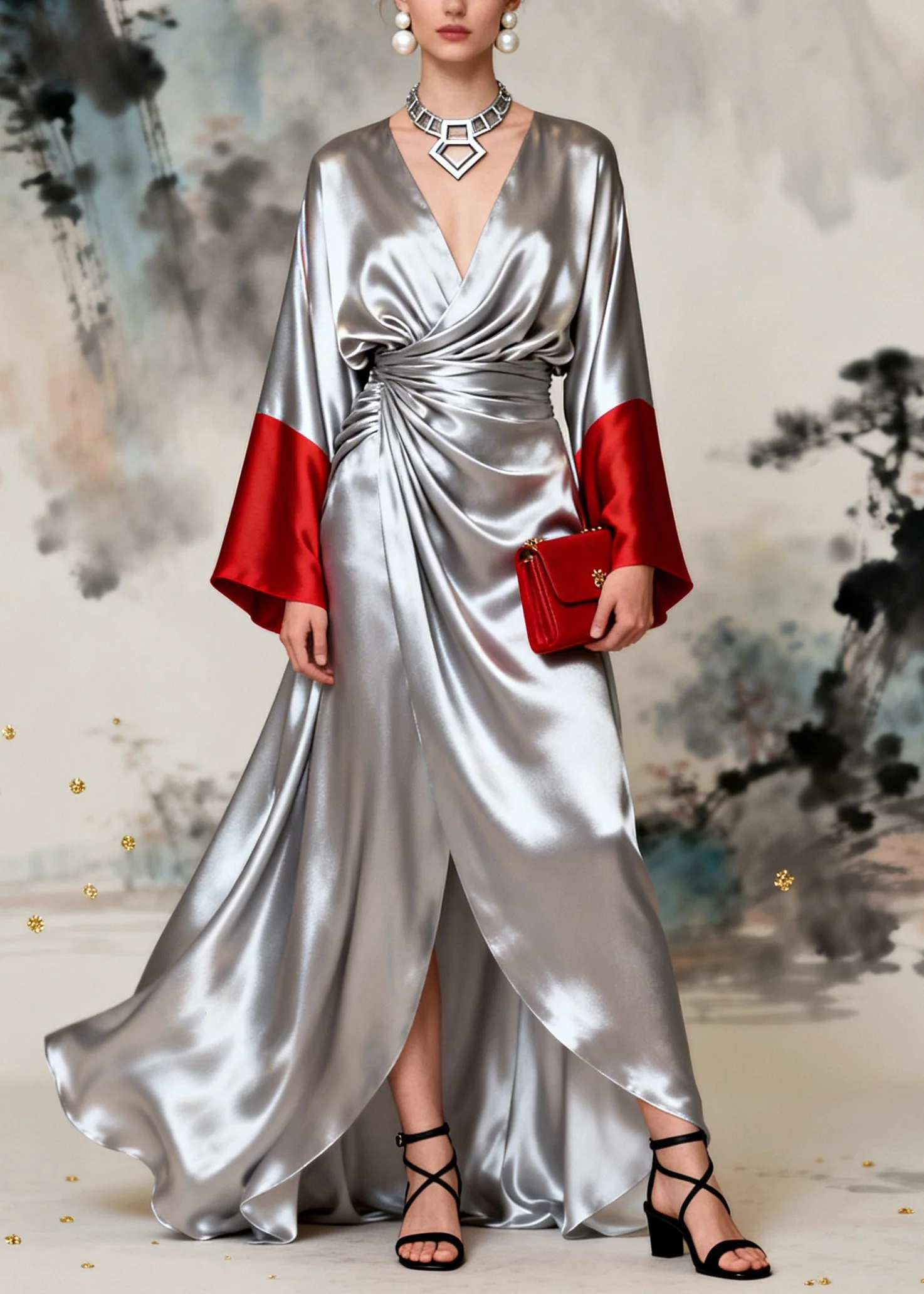 French Silvery Exra Large Hem Side Open Patchwork Silk Dresses Long Sleeve - Image 3