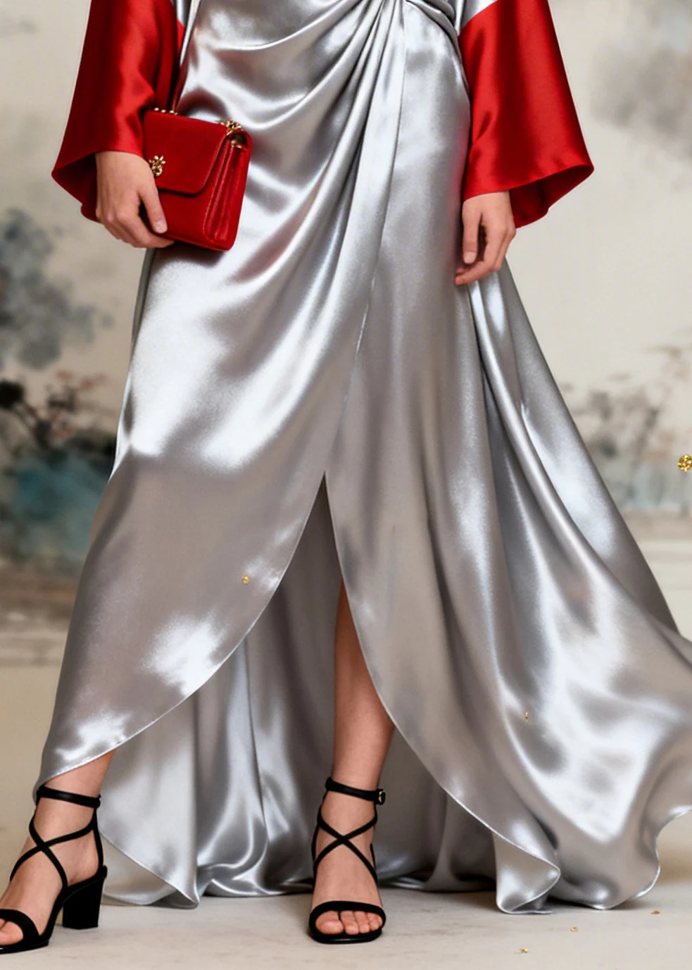 French Silvery Exra Large Hem Side Open Patchwork Silk Dresses Long Sleeve - Image 4