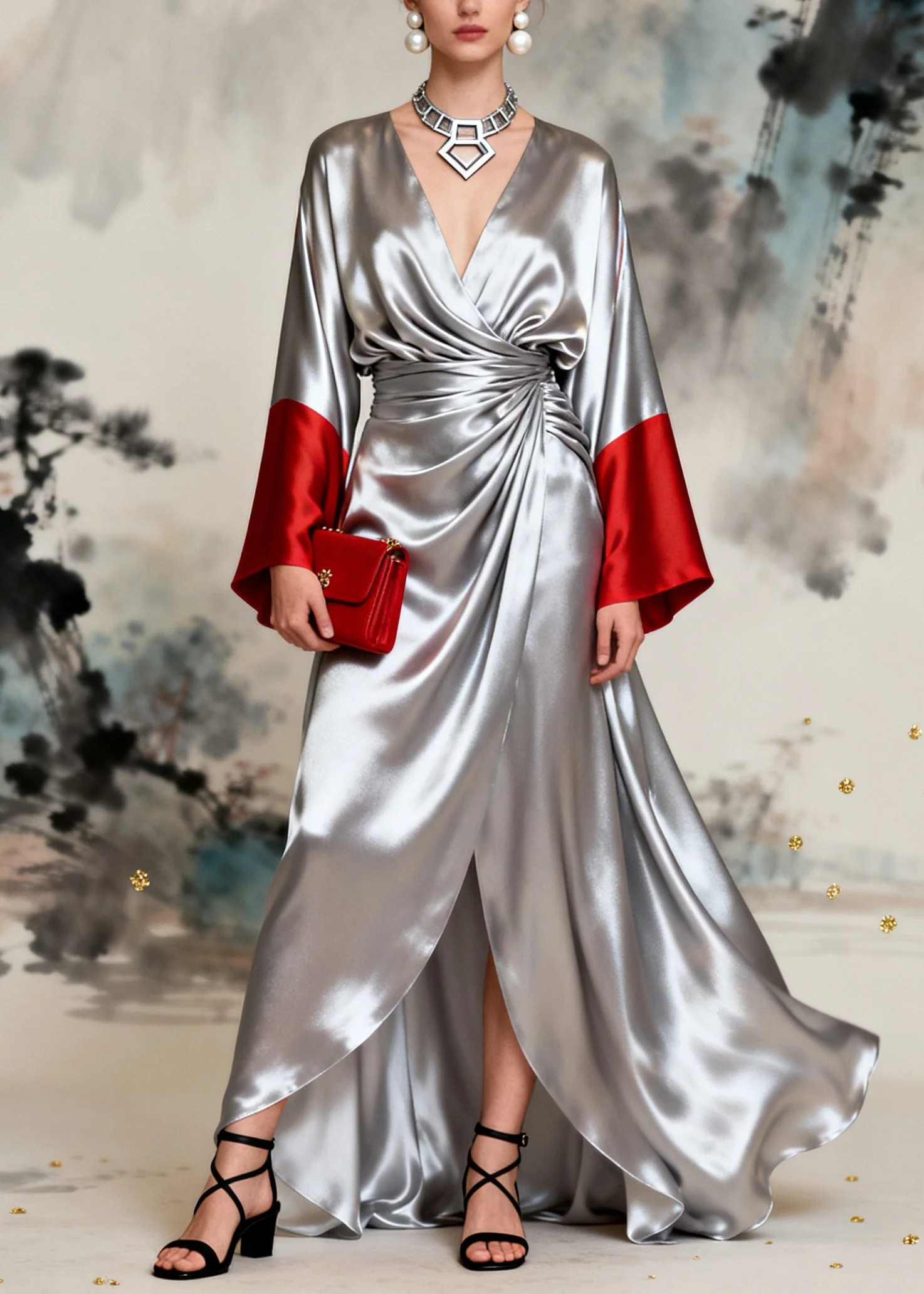 French Silvery Exra Large Hem Side Open Patchwork Silk Dresses Long Sleeve - Image 5