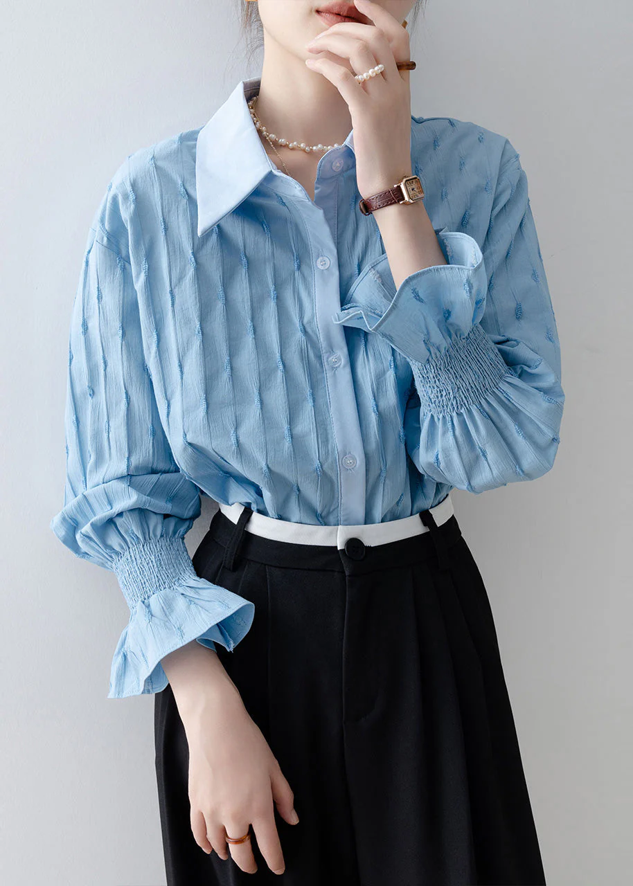 French Sky Blue Embroidered Striped Cotton Shirt Tops Flare Sleeve - Image 2