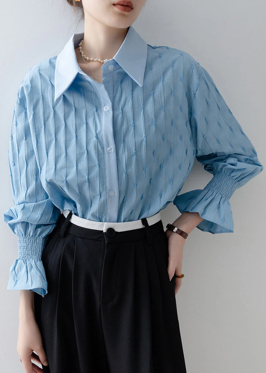 French Sky Blue Embroidered Striped Cotton Shirt Tops Flare Sleeve - Image 3