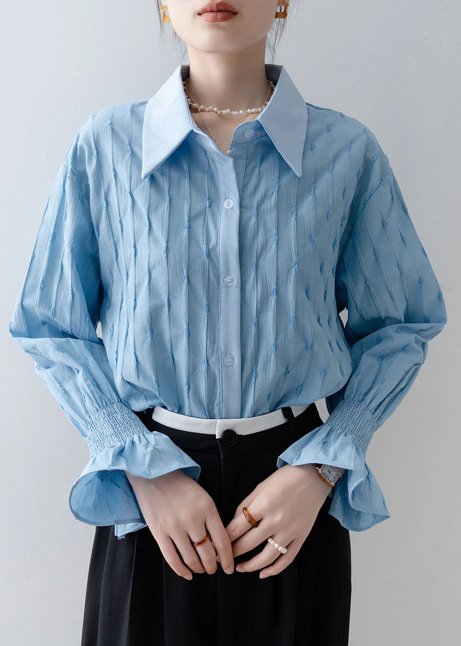 French Sky Blue Embroidered Striped Cotton Shirt Tops Flare Sleeve - Image 4
