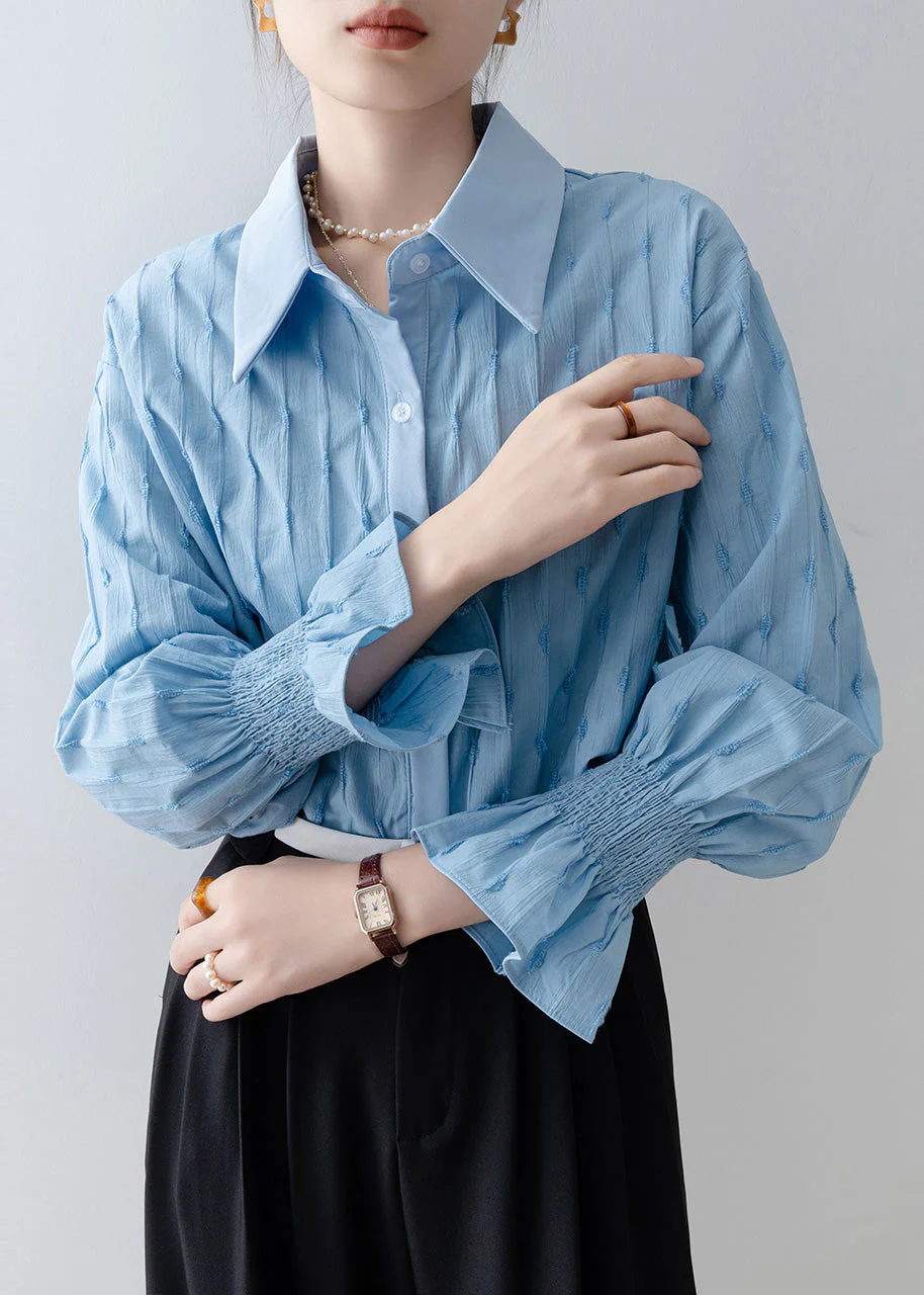French Sky Blue Embroidered Striped Cotton Shirt Tops Flare Sleeve - Image 5