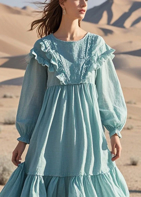 French Sky Blue Ruffled Exra Large Hem Cotton Maxi Dresses Spring - Image 2