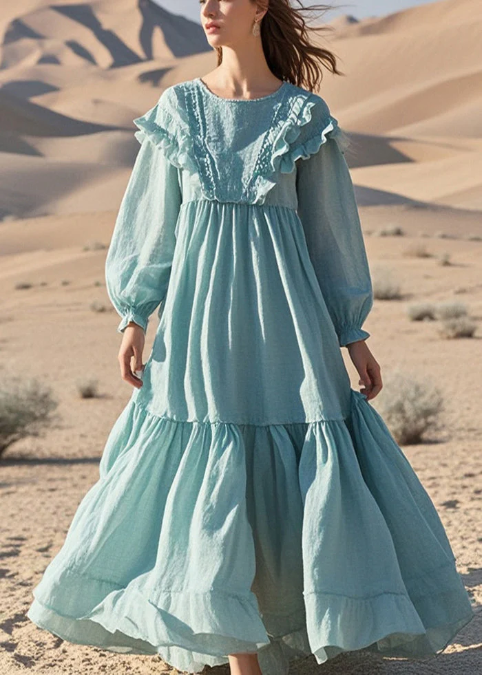 French Sky Blue Ruffled Exra Large Hem Cotton Maxi Dresses Spring - Image 3