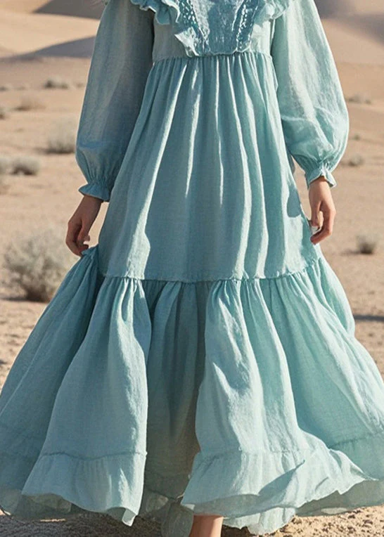 French Sky Blue Ruffled Exra Large Hem Cotton Maxi Dresses Spring - Image 4
