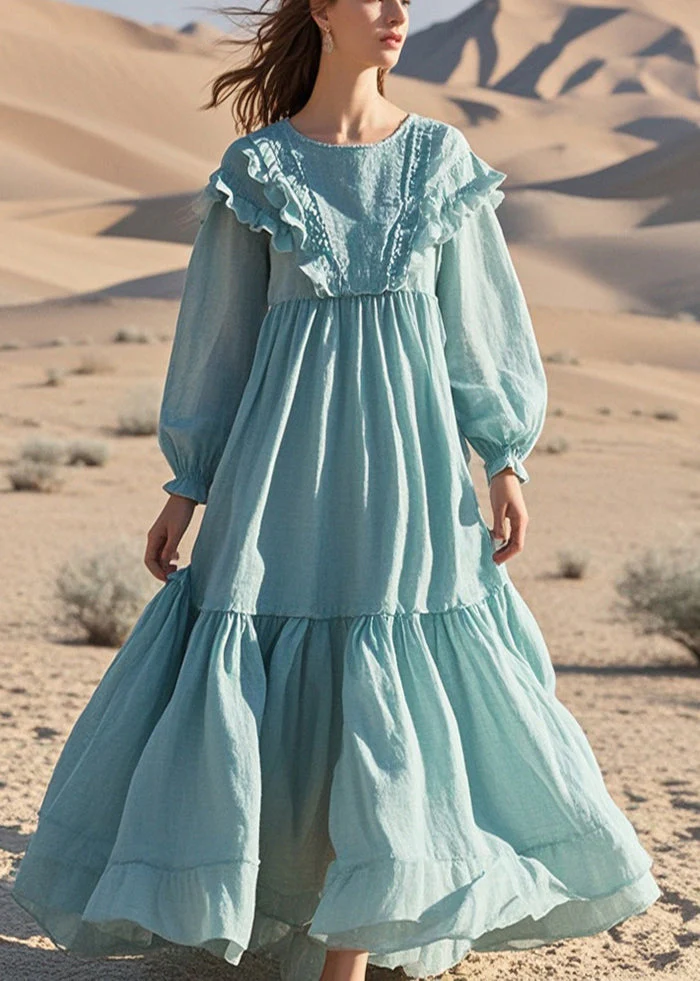 French Sky Blue Ruffled Exra Large Hem Cotton Maxi Dresses Spring - Image 5
