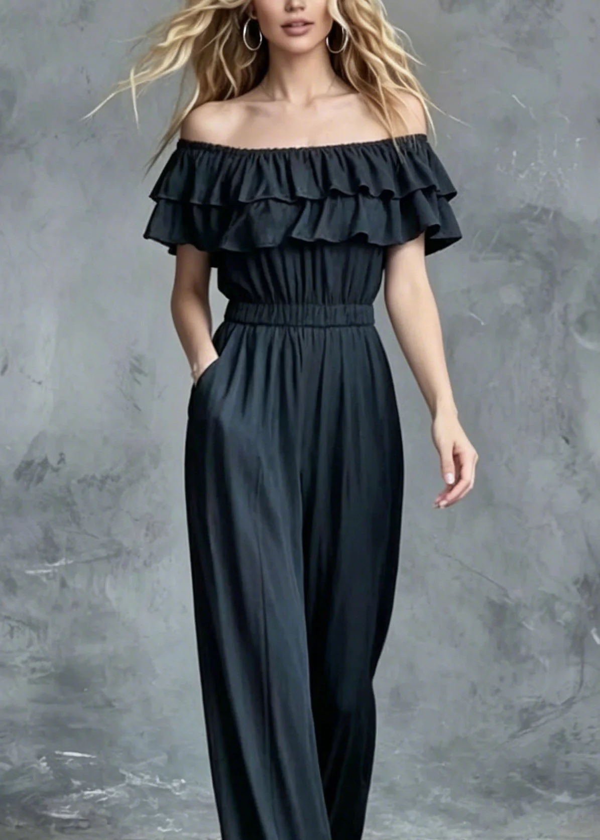 French Slash Neck Ruffled Patchwork Cotton Jumpsuit Summer - Image 2