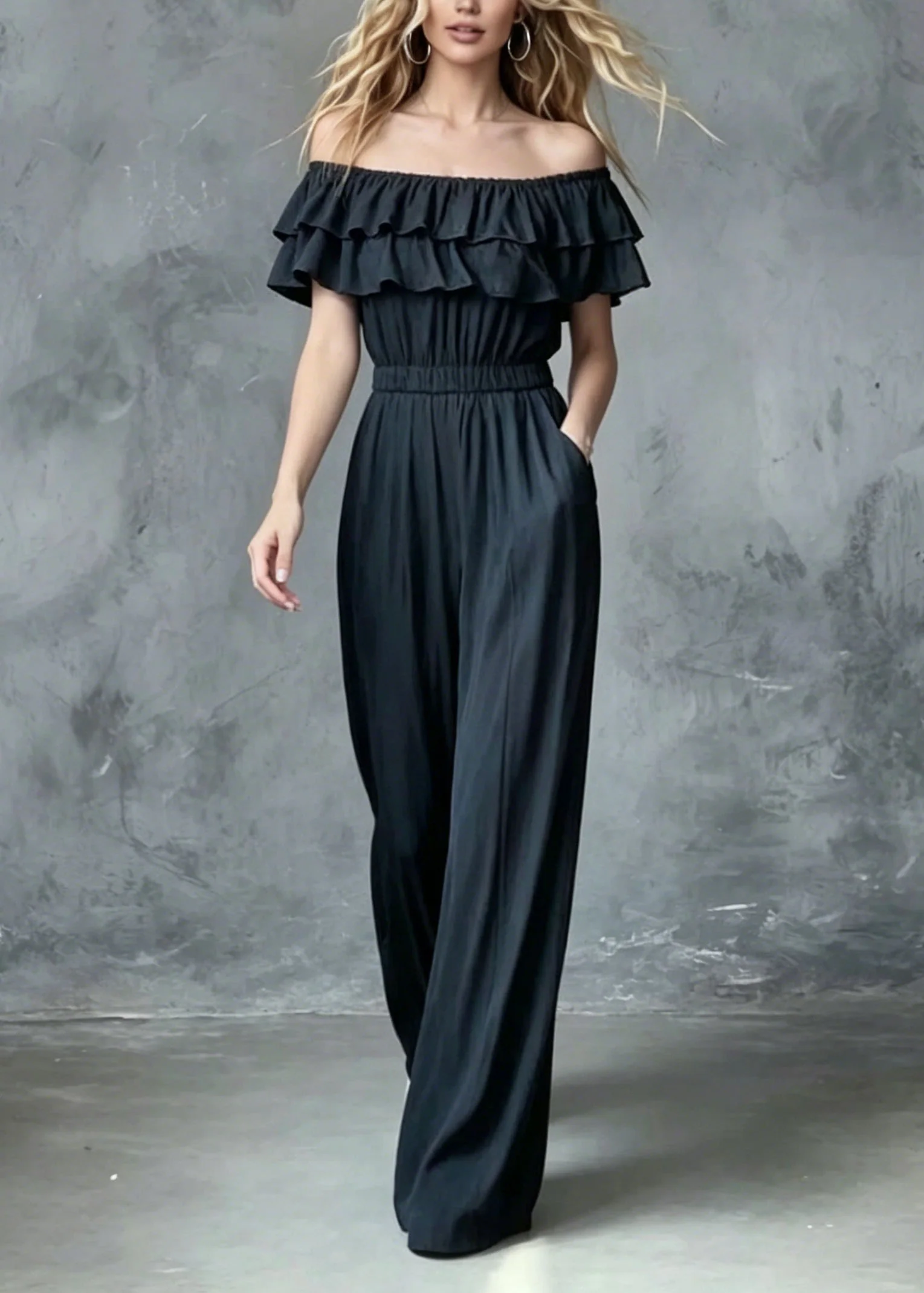 French Slash Neck Ruffled Patchwork Cotton Jumpsuit Summer - Image 3