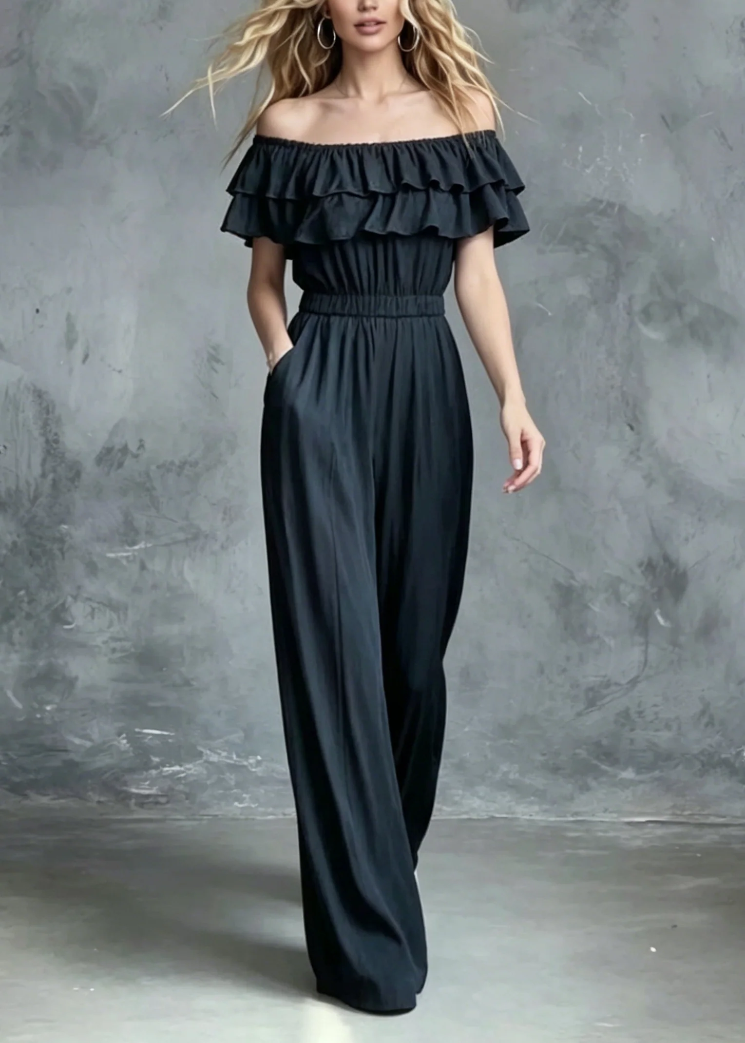 French Slash Neck Ruffled Patchwork Cotton Jumpsuit Summer - Image 5