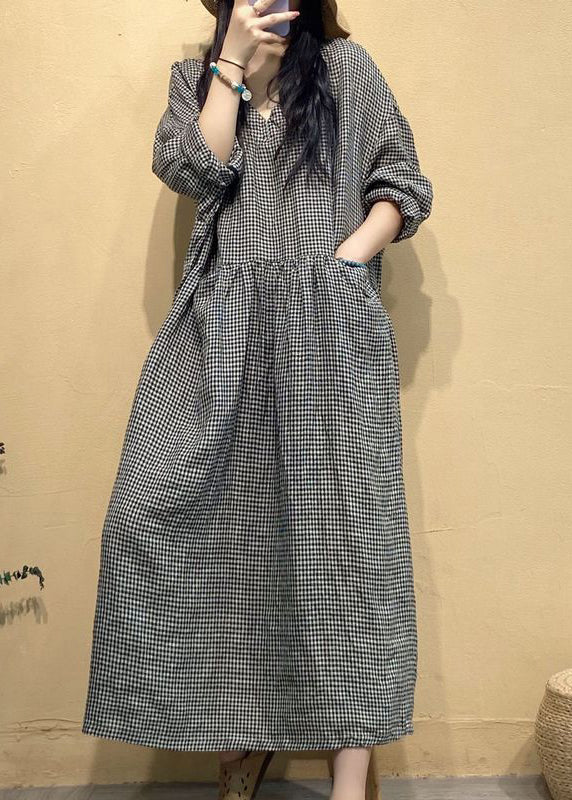 French Small Plaid V Neck Linen Long Dresses Fall - Image 4