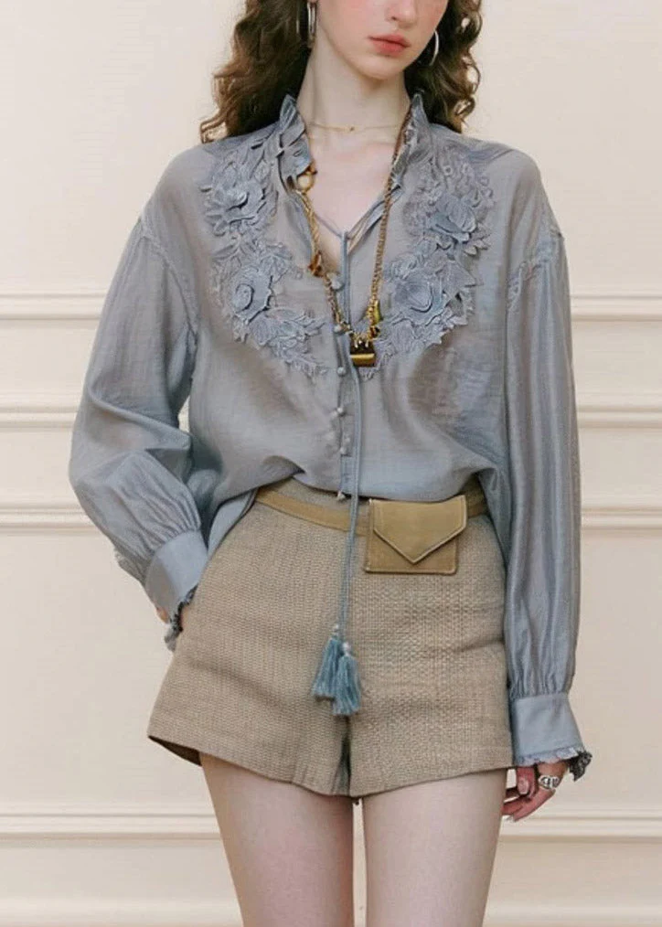 French Smog Blue V Neck Embroidered Floral Shirts Spring