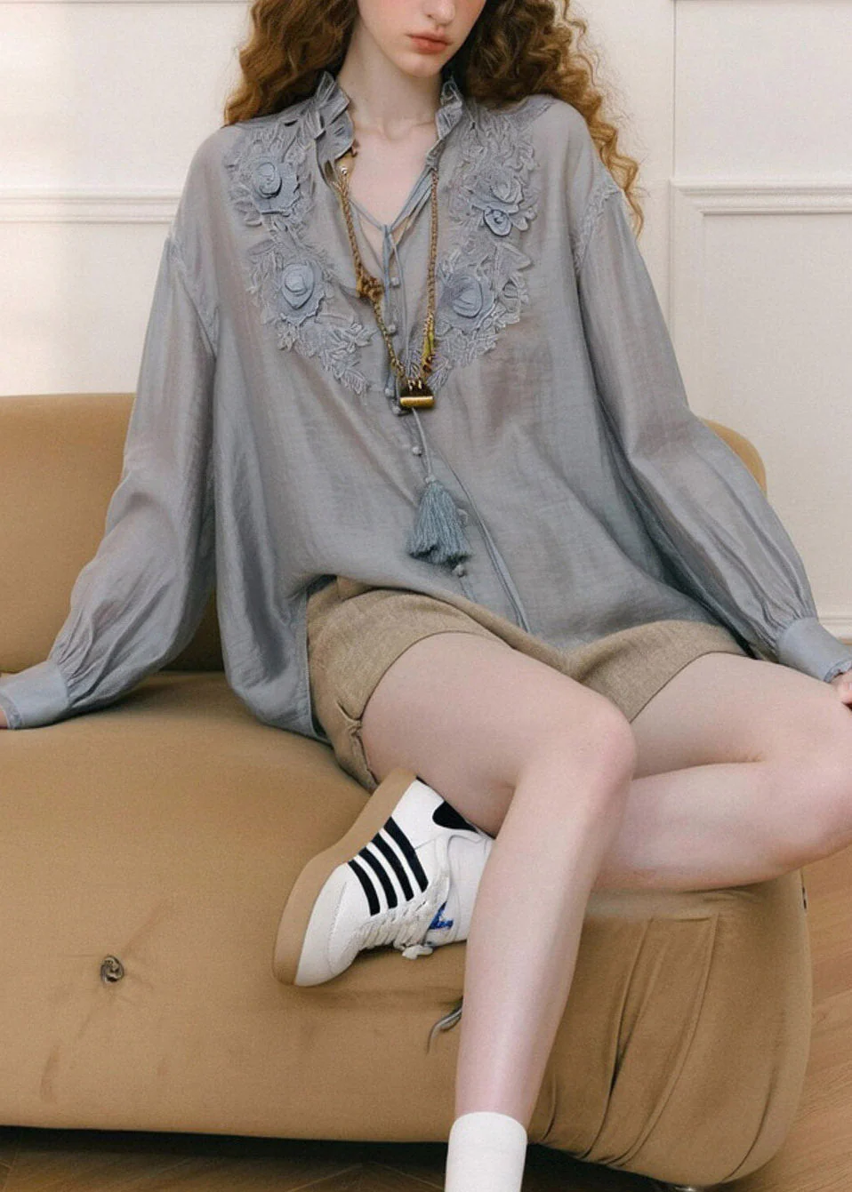 French Smog Blue V Neck Embroidered Floral Shirts Spring - Image 4