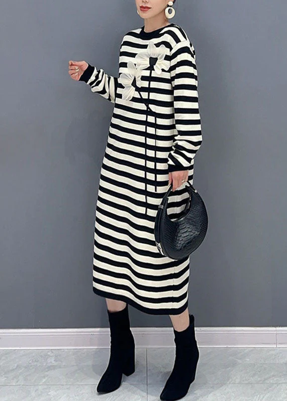 French Striped O-Neck Floral Side Open Holiday Long Dress Long Sleeve - Image 3