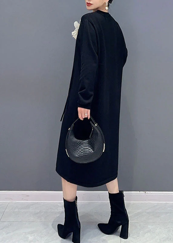 French Striped O-Neck Floral Side Open Holiday Long Dress Long Sleeve - Image 4