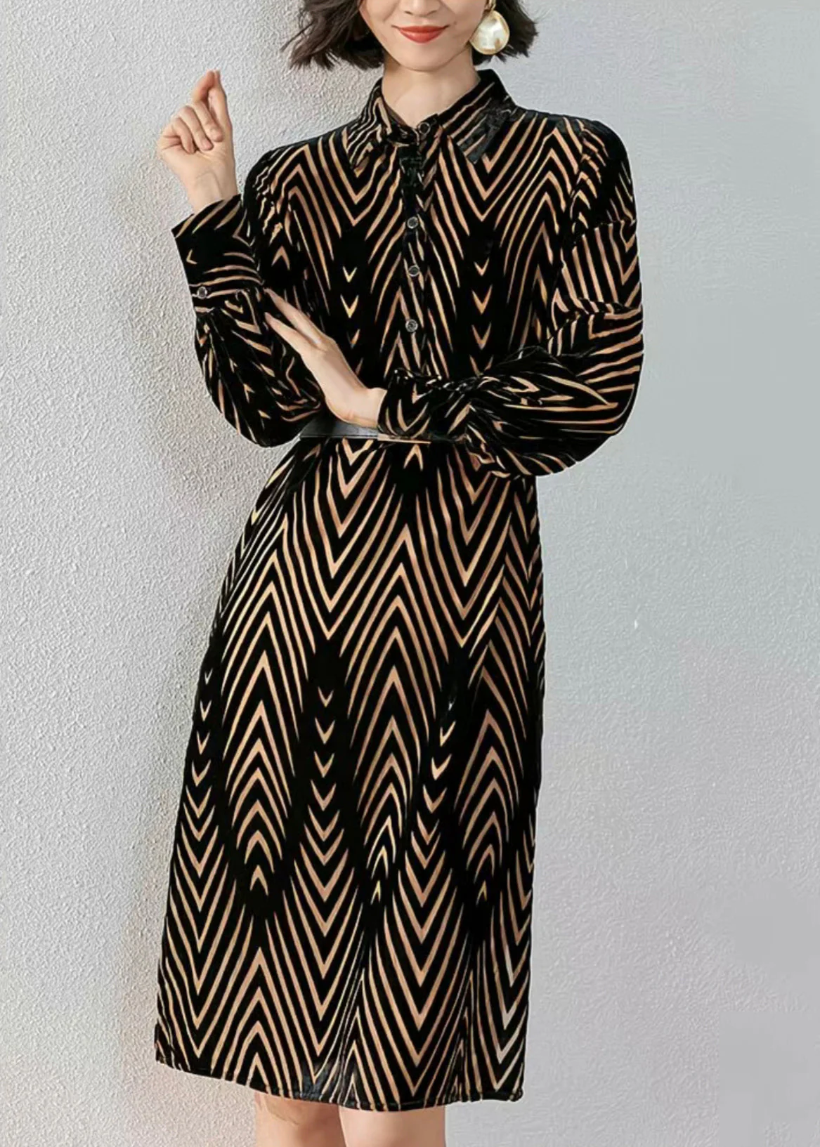 French Striped Peter Pan Collar Button Silk Velour Shirts Dress Fall - Image 3
