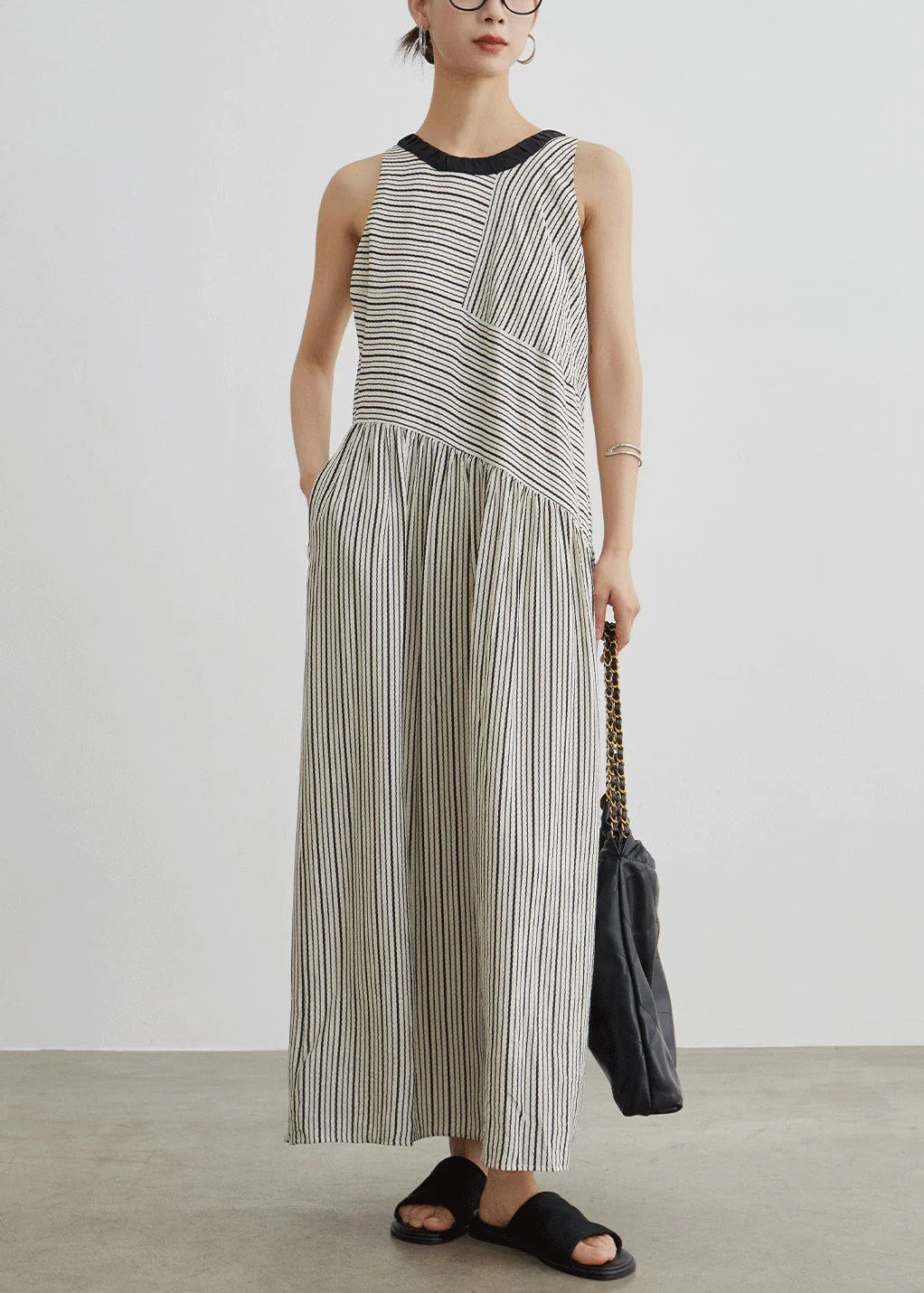 French Striped Pockets Patchwork Cotton Long Dresses Sleeveless - Image 2