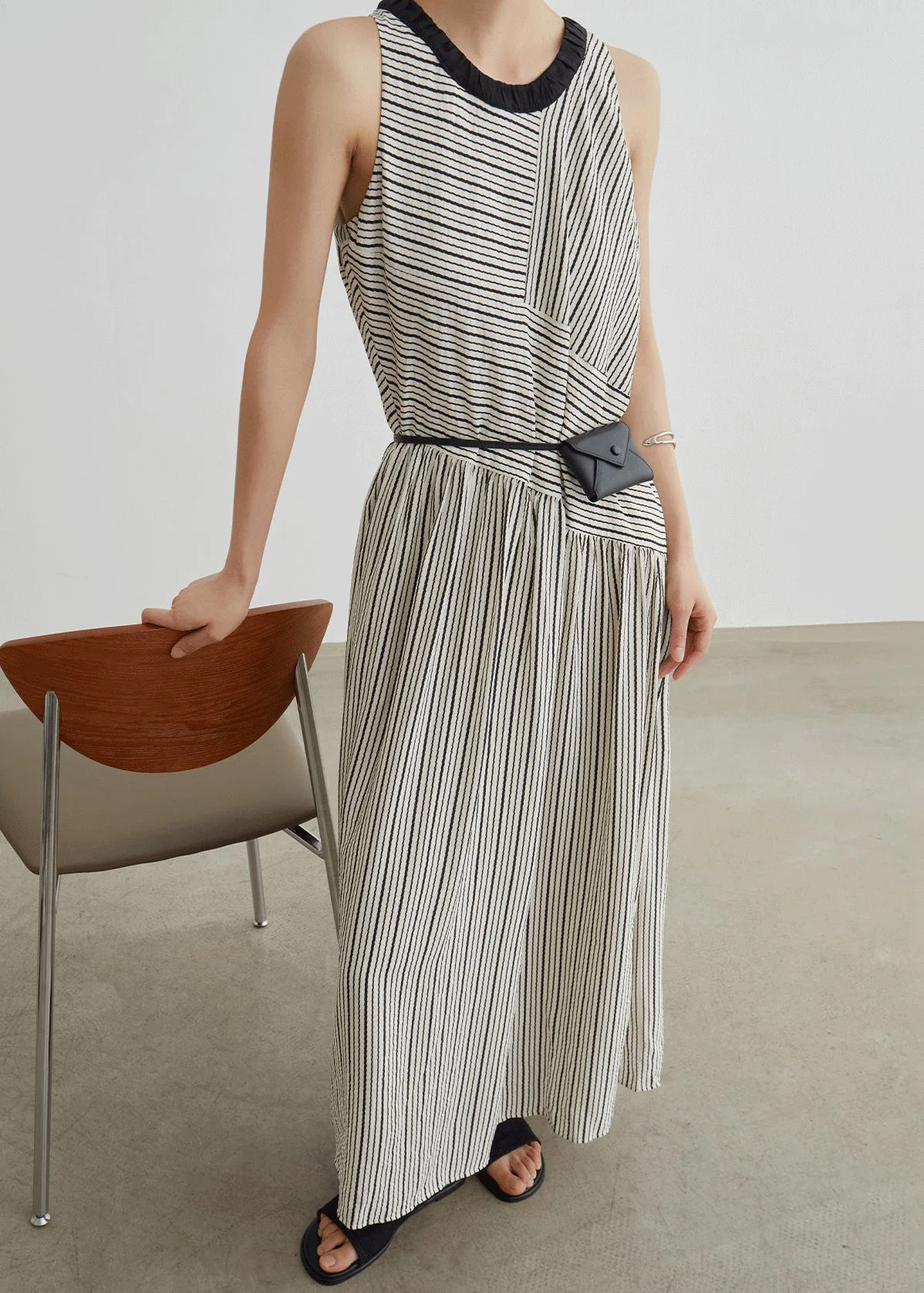 French Striped Pockets Patchwork Cotton Long Dresses Sleeveless - Image 3