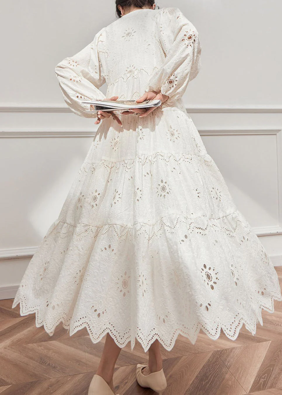 French Style Beige V Neck Hollow Out Cotton Dresses Lantern Sleeve - Image 2
