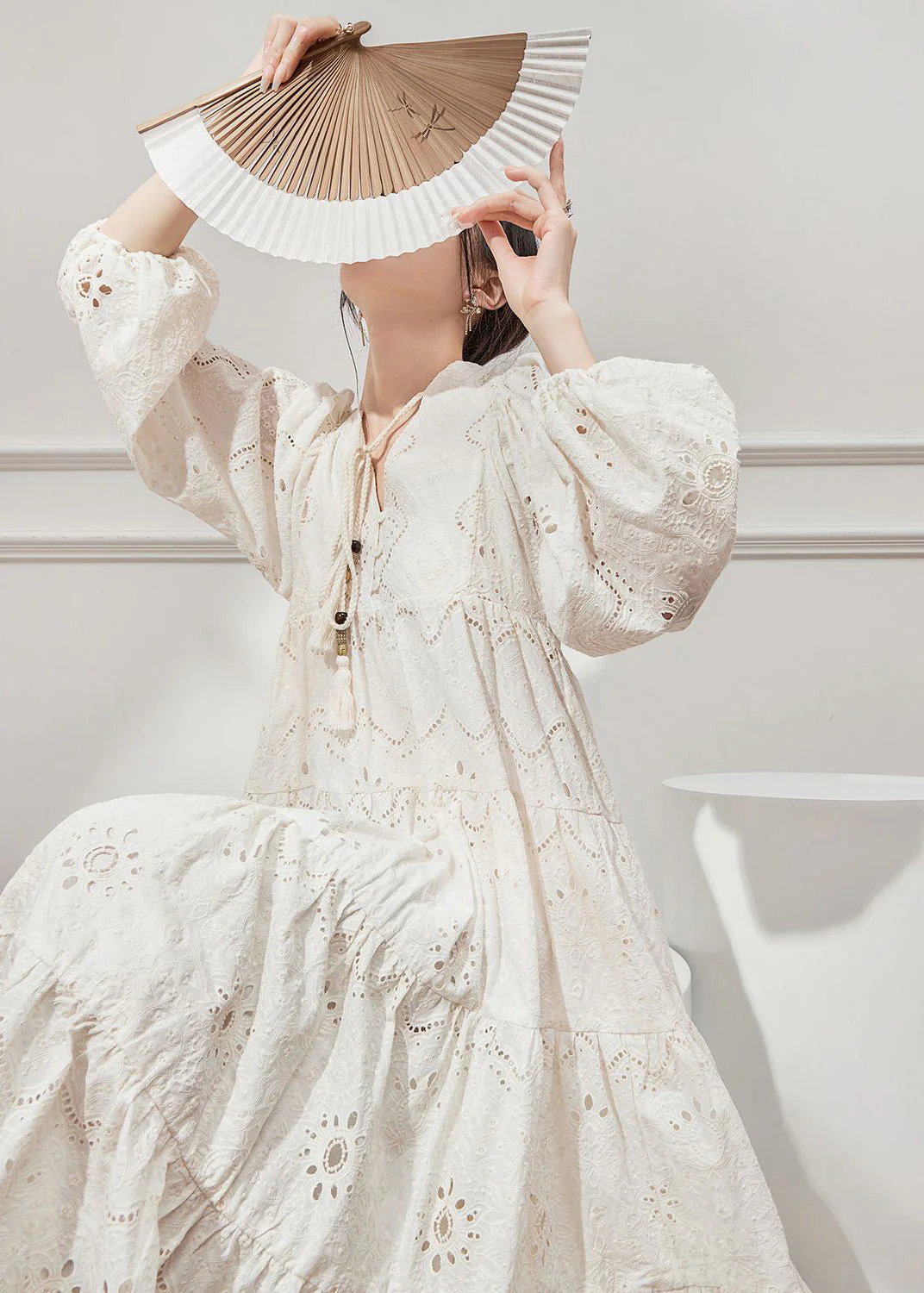 French Style Beige V Neck Hollow Out Cotton Dresses Lantern Sleeve - Image 3