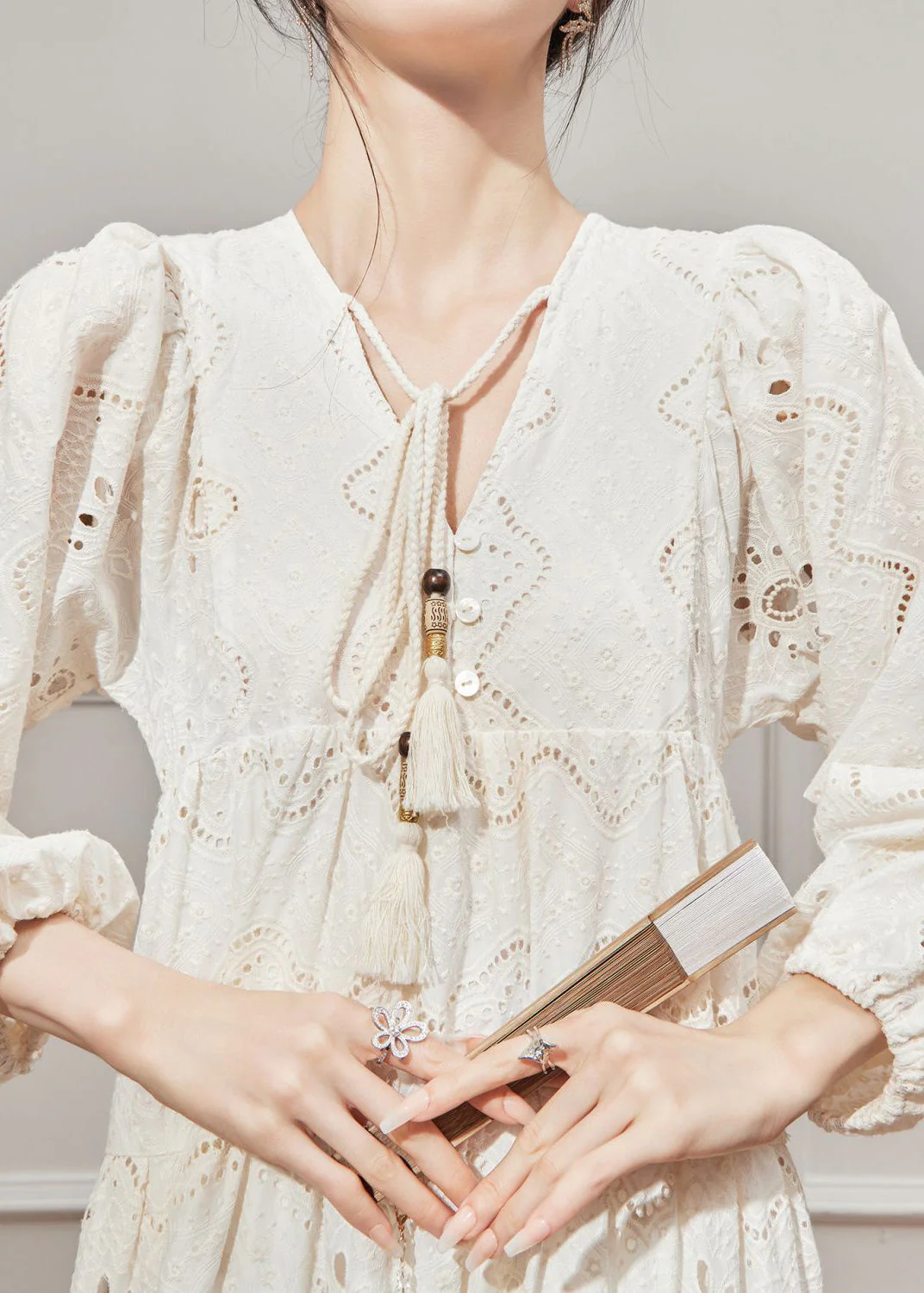 French Style Beige V Neck Hollow Out Cotton Dresses Lantern Sleeve - Image 4