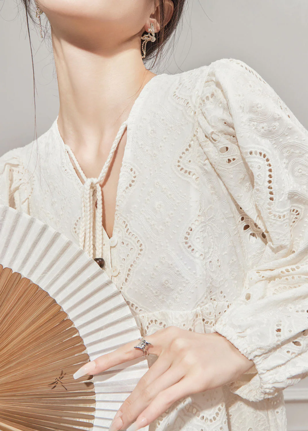 French Style Beige V Neck Hollow Out Cotton Dresses Lantern Sleeve - Image 5