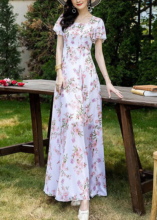 French Style Pink Square Collar Print Chiffon Dresses Summer - Image 2