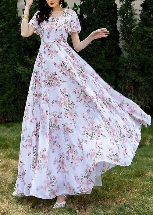 French Style Pink Square Collar Print Chiffon Dresses Summer - Image 3