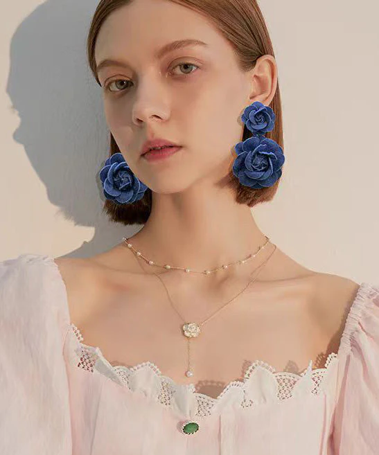 French Style Unique Denim Flower Stud Earrings - Image 3