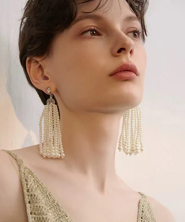 French Tassel Pearl Light Luxury Long Stud Earrings