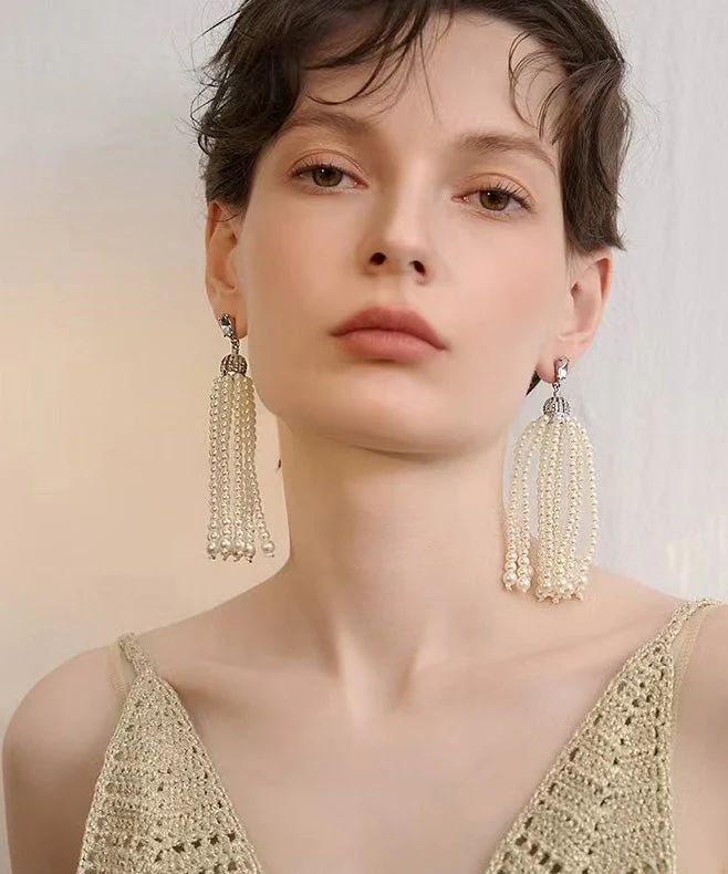French Tassel Pearl Light Luxury Long Stud Earrings - Image 2