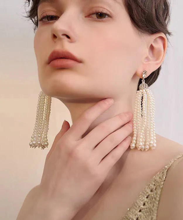 French Tassel Pearl Light Luxury Long Stud Earrings - Image 3