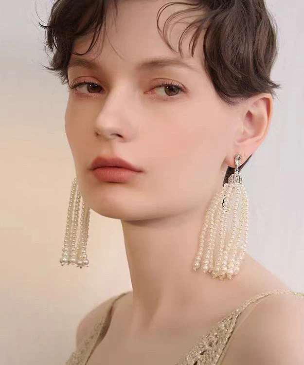 French Tassel Pearl Light Luxury Long Stud Earrings - Image 4