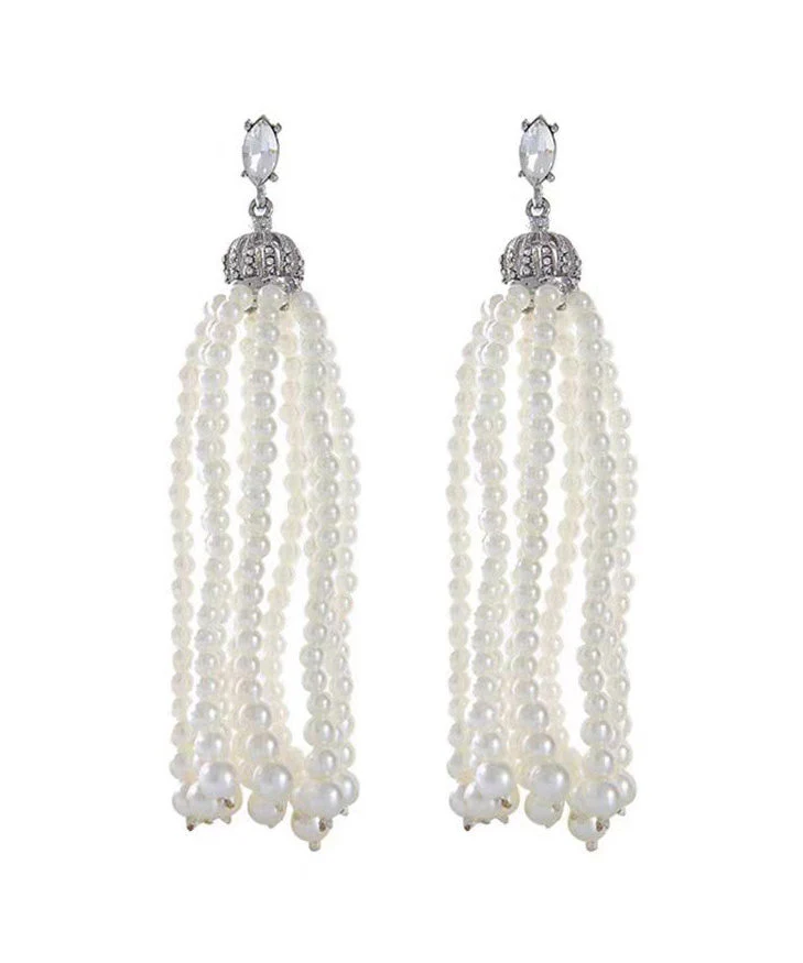 French Tassel Pearl Light Luxury Long Stud Earrings - Image 5