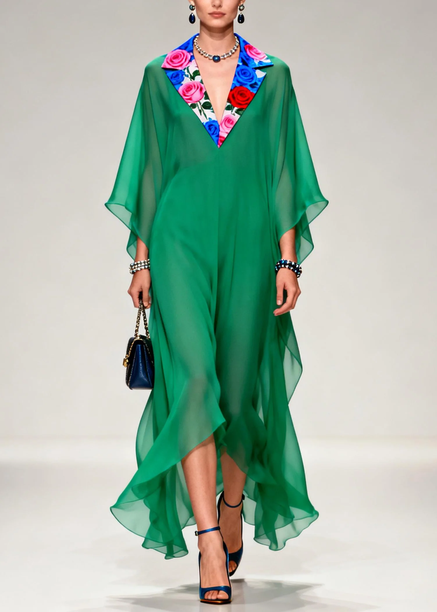 French Tea Green Notched Patchwork Chiffon Long Dresses Summer - Image 3