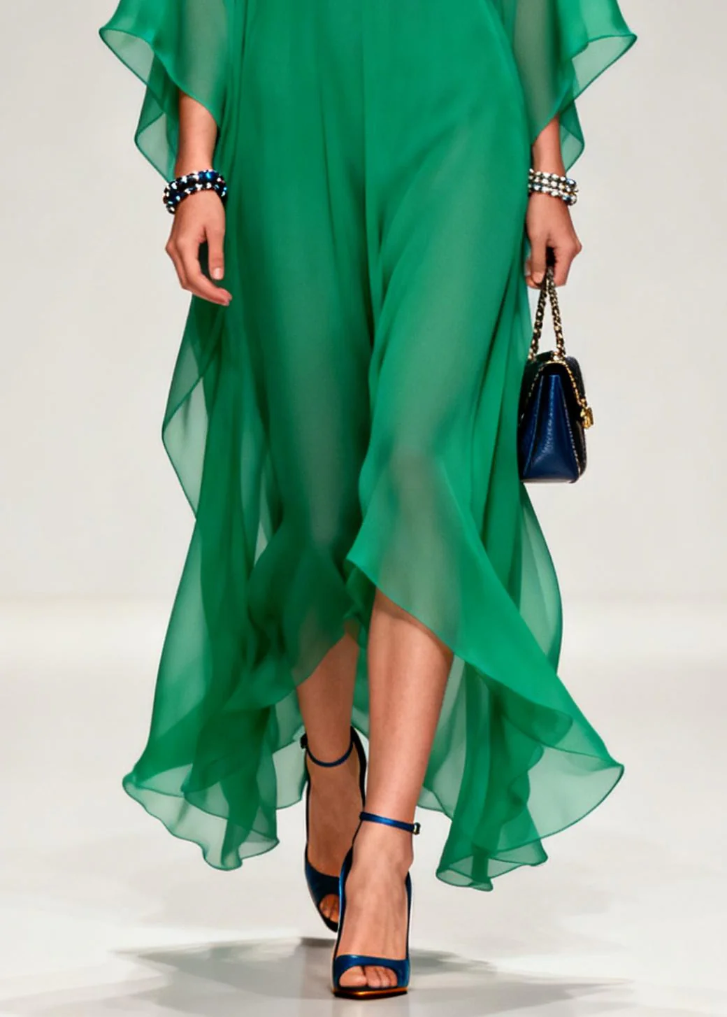French Tea Green Notched Patchwork Chiffon Long Dresses Summer - Image 4