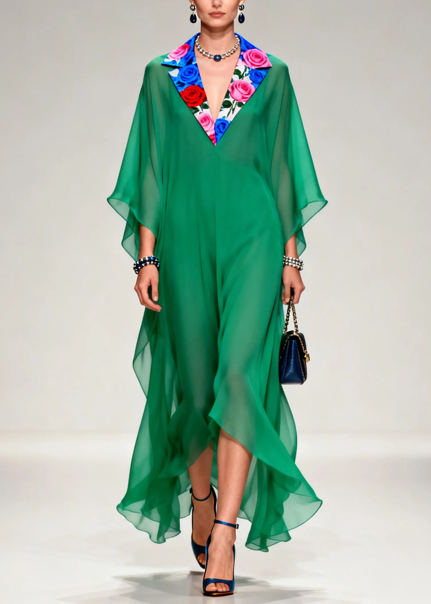 French Tea Green Notched Patchwork Chiffon Long Dresses Summer - Image 5