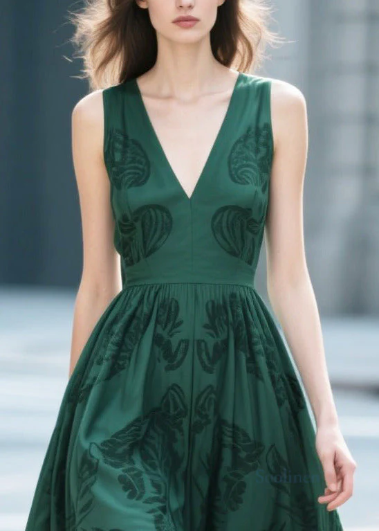 French Tea Green Print Cotton Vestidos Dresses Summer - Image 2