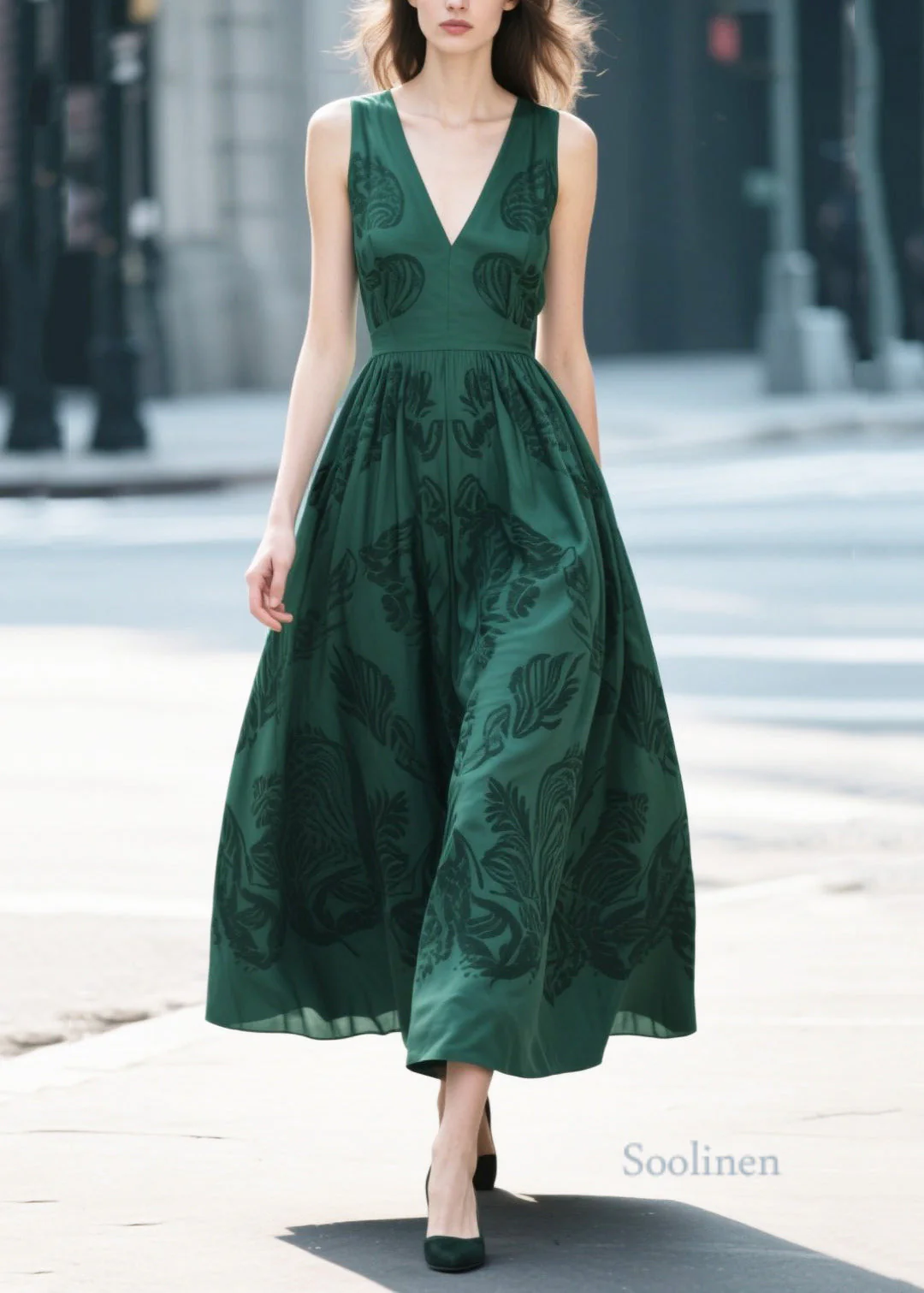 French Tea Green Print Cotton Vestidos Dresses Summer - Image 3