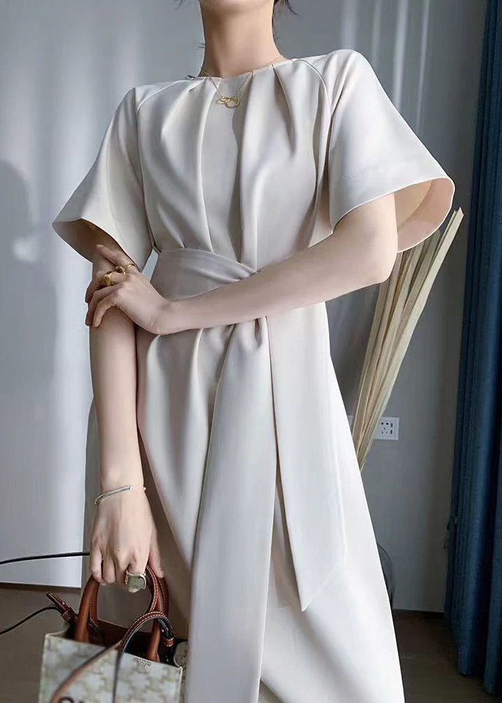 French Tie Waist Solid Long Dress Short Sleeve - Image 2