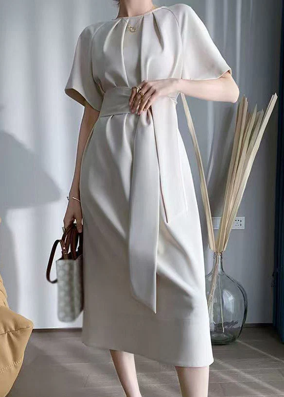 French Tie Waist Solid Long Dress Short Sleeve - Image 3