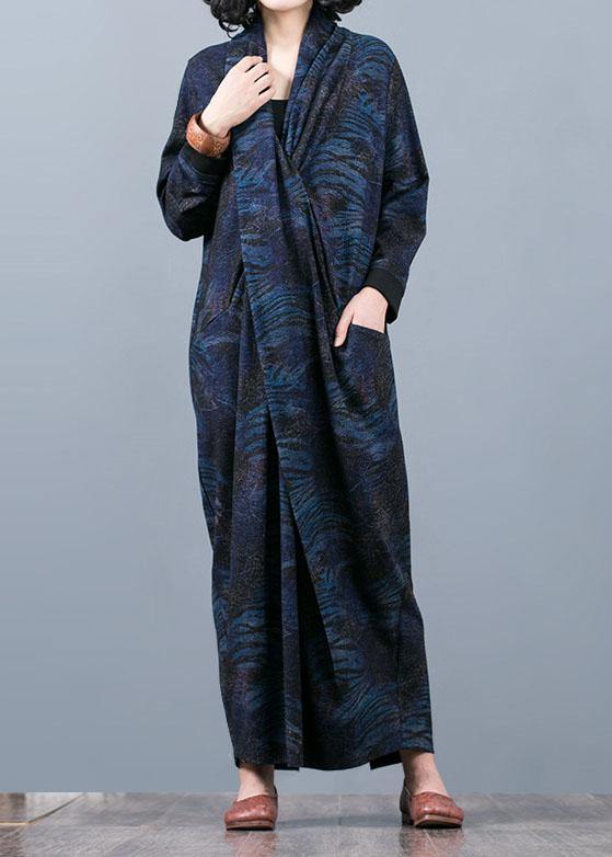French v neck asymmetric clothes Outfits blue print A Line Dress fall - Image 2