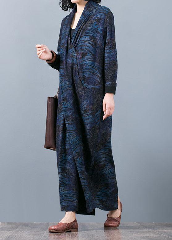 French v neck asymmetric clothes Outfits blue print A Line Dress fall - Image 3