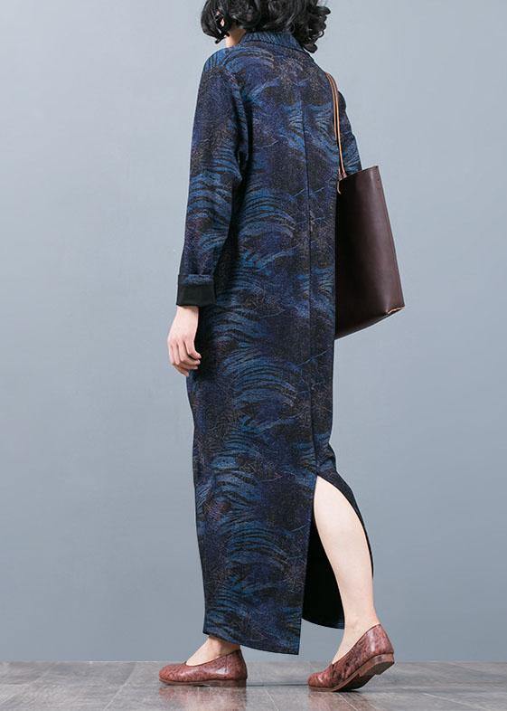 French v neck asymmetric clothes Outfits blue print A Line Dress fall - Image 4