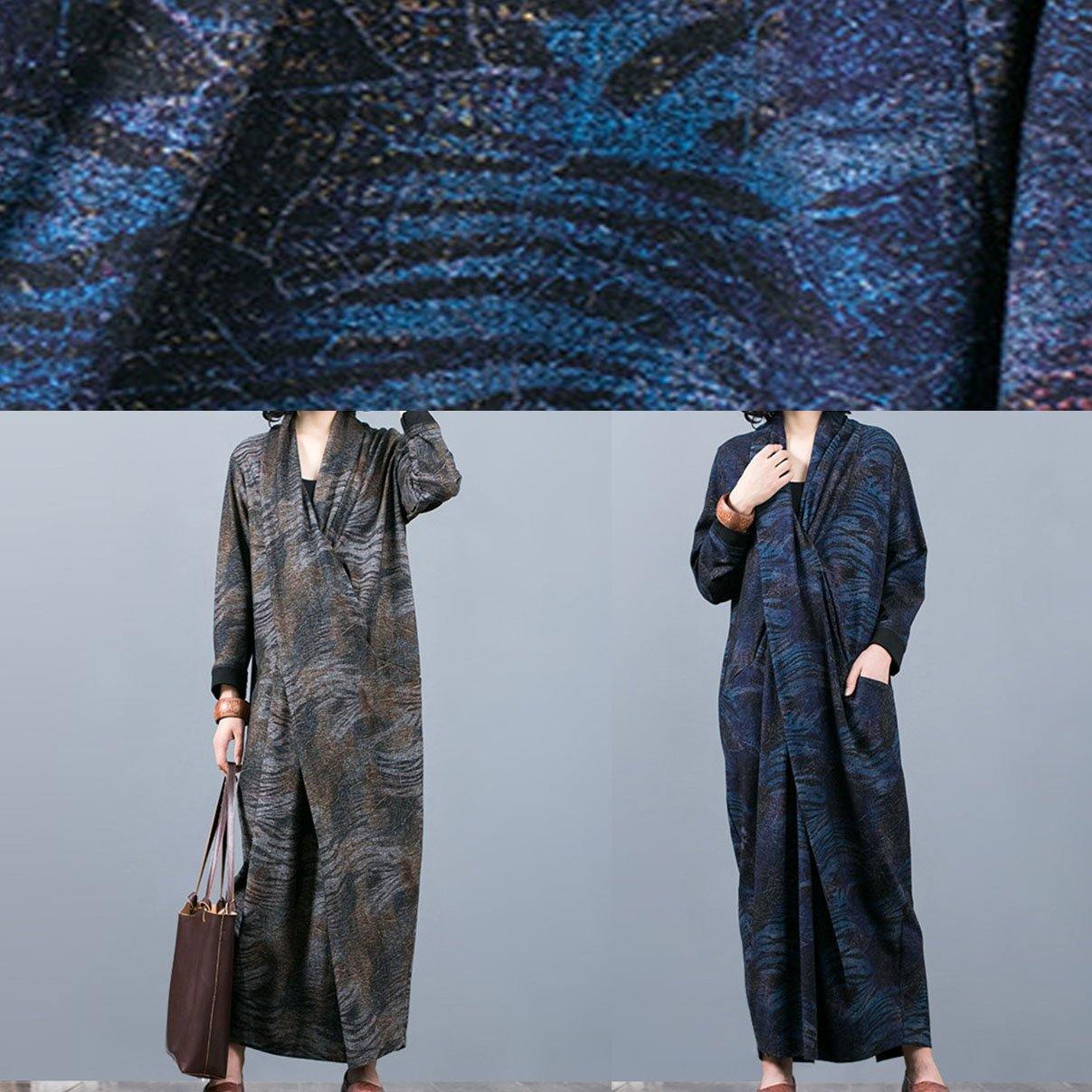 French v neck asymmetric clothes Outfits blue print A Line Dress fall - Image 5