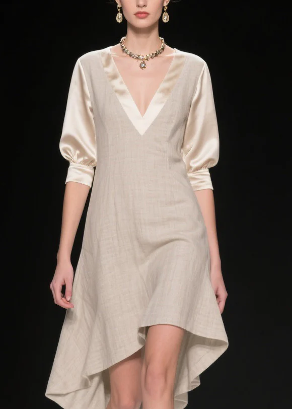French V Neck Asymmetrical Patchwork Linen Silk Dresses Summer - Image 2
