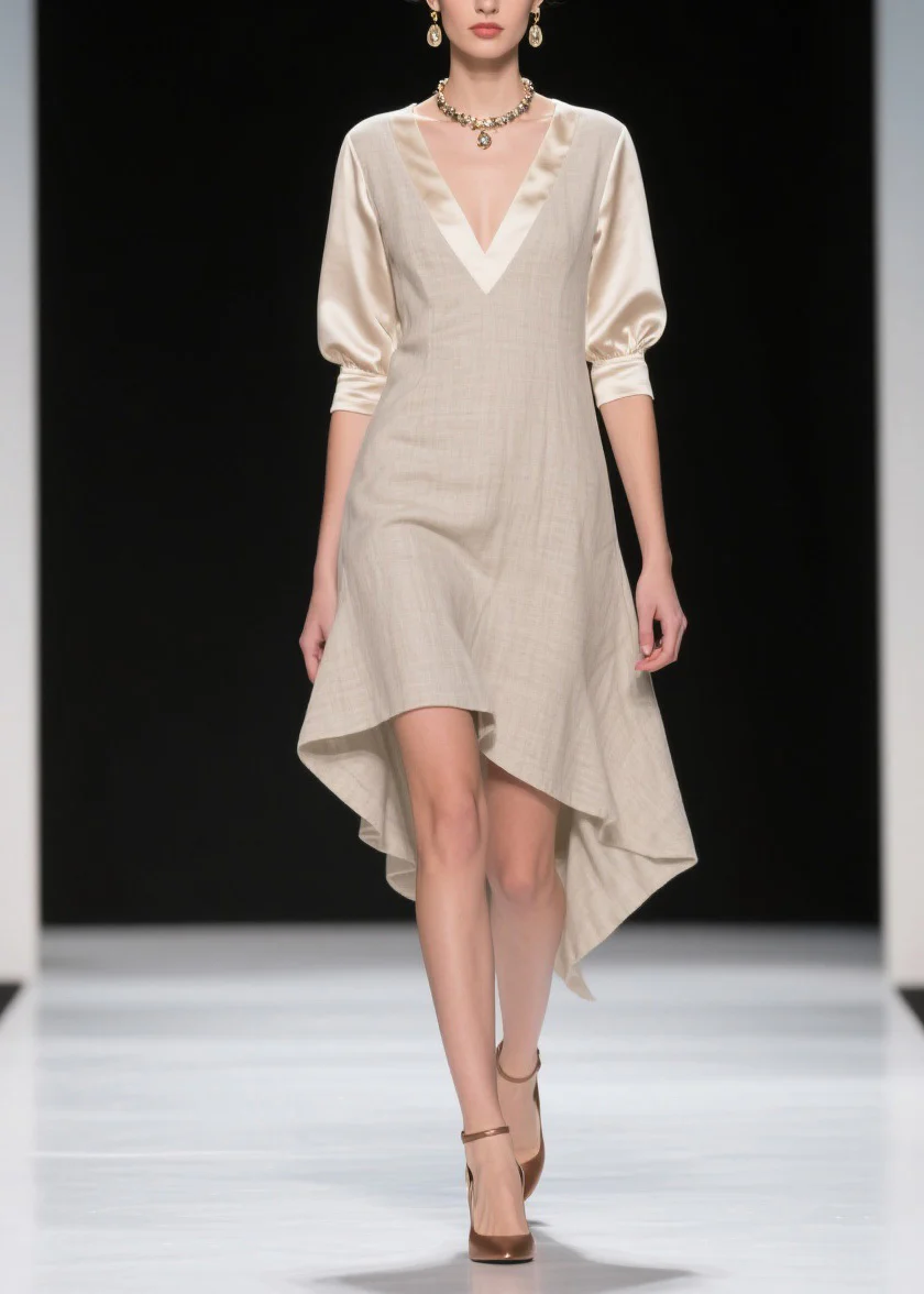 French V Neck Asymmetrical Patchwork Linen Silk Dresses Summer - Image 3